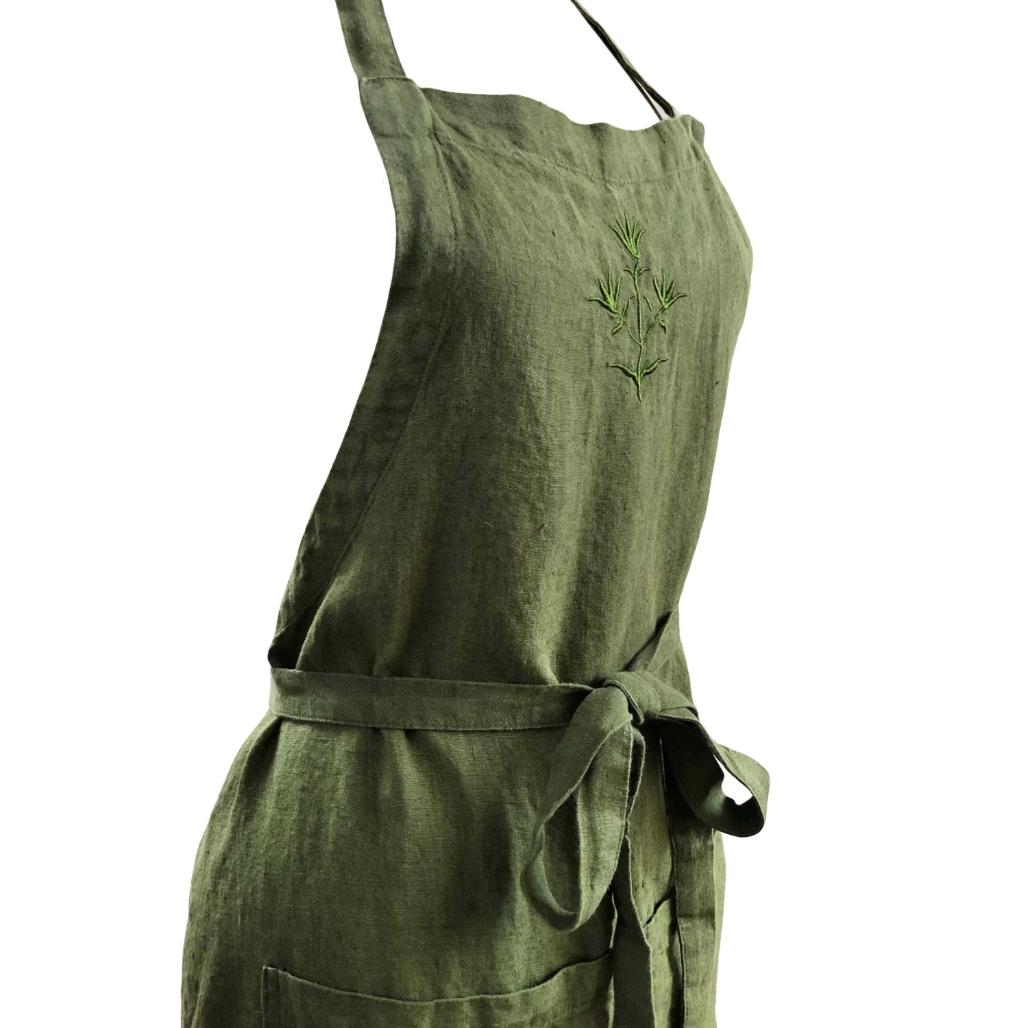 Dark Green Embroidered Linen Apron 2 Dark Green Embroidered Linen Apron - Image 2