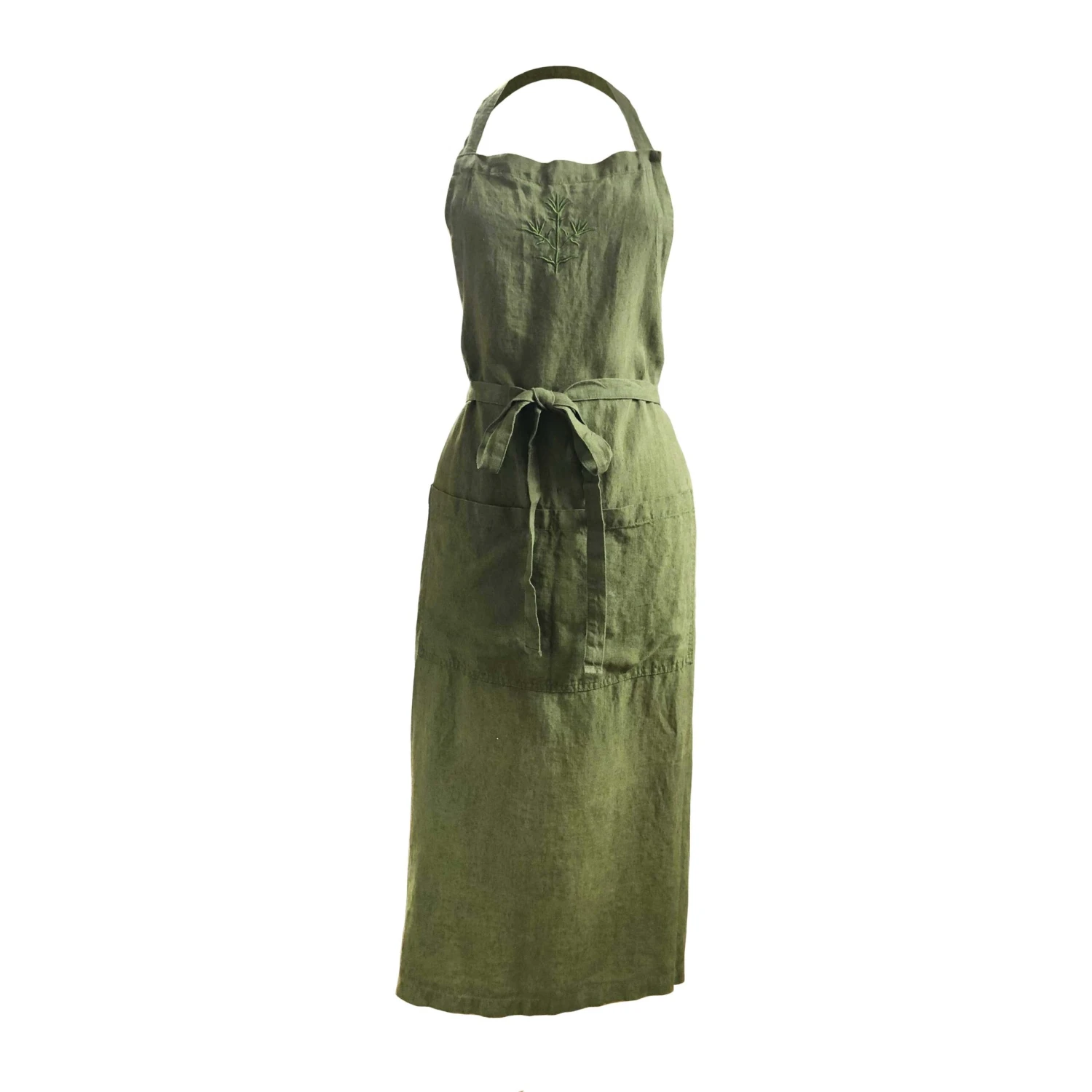 Dark Green Embroidered Linen Apron 1 Dark Green Embroidered Linen Apron